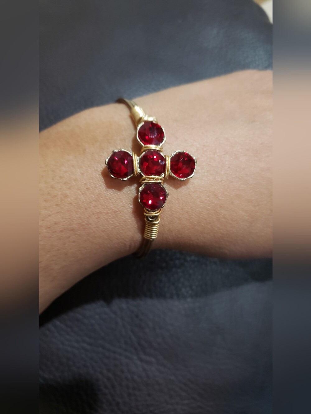 Gold-Tone Red Crystal Cross Wrap Bracelet with Pearl & Heart Accent